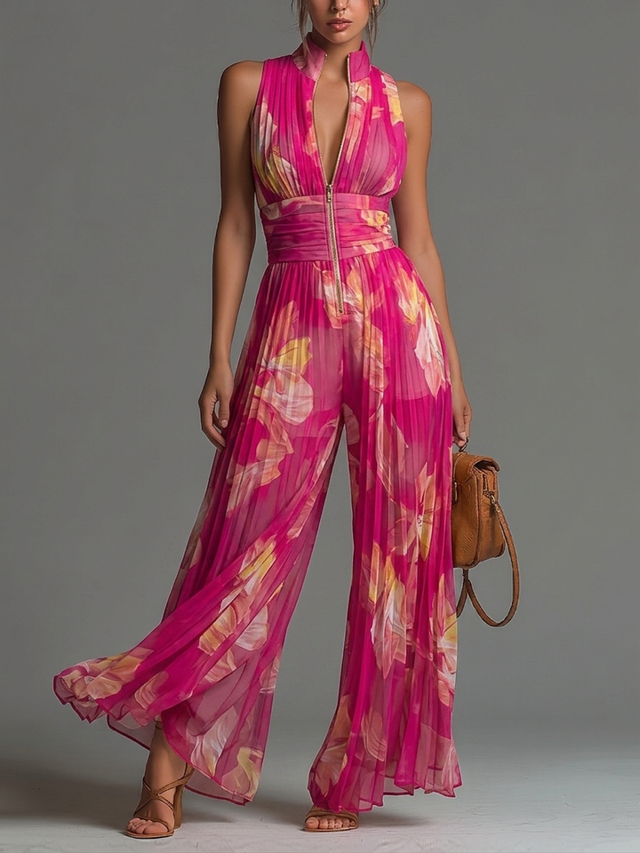 Zsofia Jumpsuit | Fuchsia Floral Pleated Chiffon