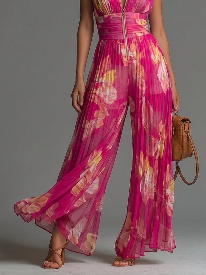 Zsofia Jumpsuit | Fuchsia Floral Pleated Chiffon