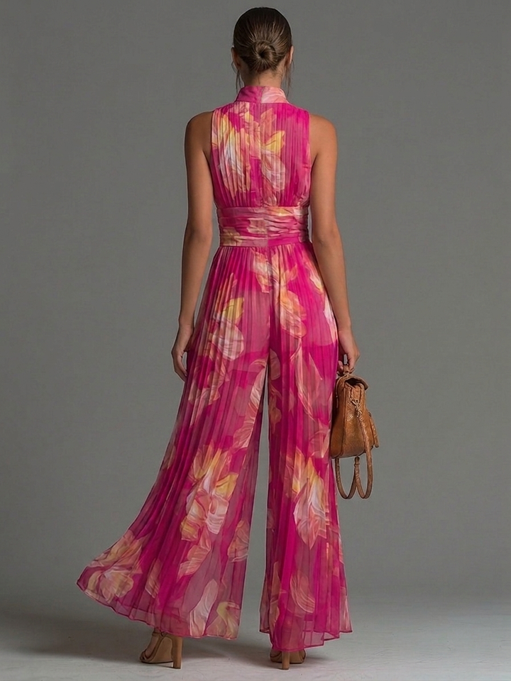 Zsofia Jumpsuit | Fuchsia Floral Pleated Chiffon