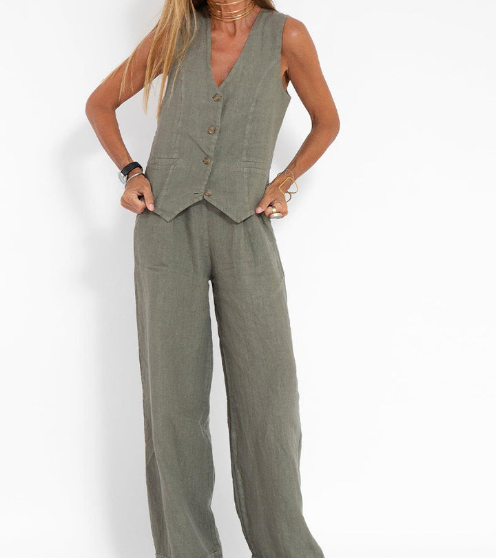 LENA | BUTTONED VEST & WIDE-LEG TROUSERS LOUNGE SET