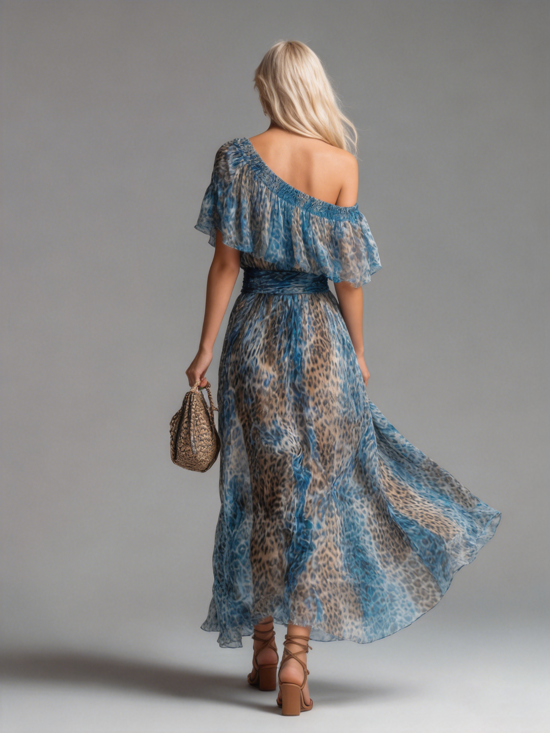 Selvaggia - Long chiffon dress with leopard print and off-shoulder design