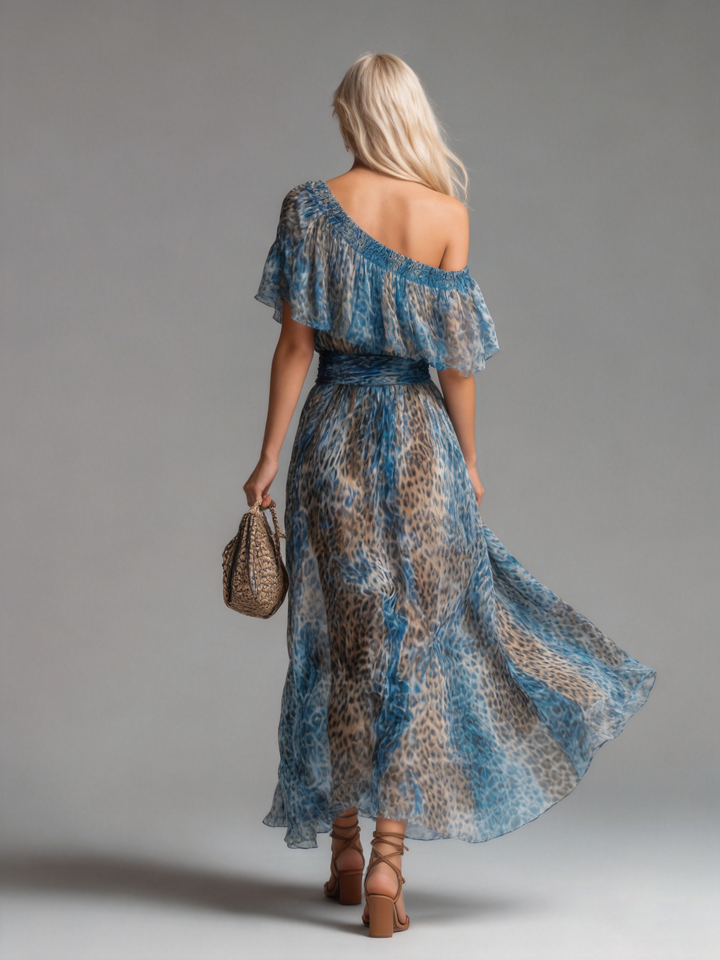 Selvaggia - Long chiffon dress with leopard print and off-shoulder design