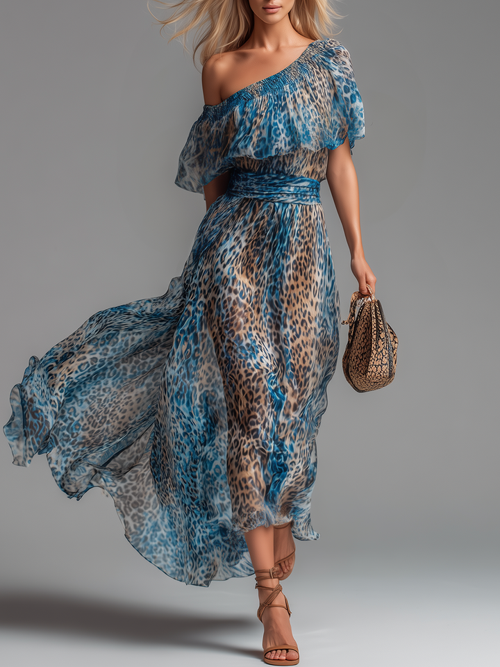 Selvaggia - Long chiffon dress with leopard print and off-shoulder design