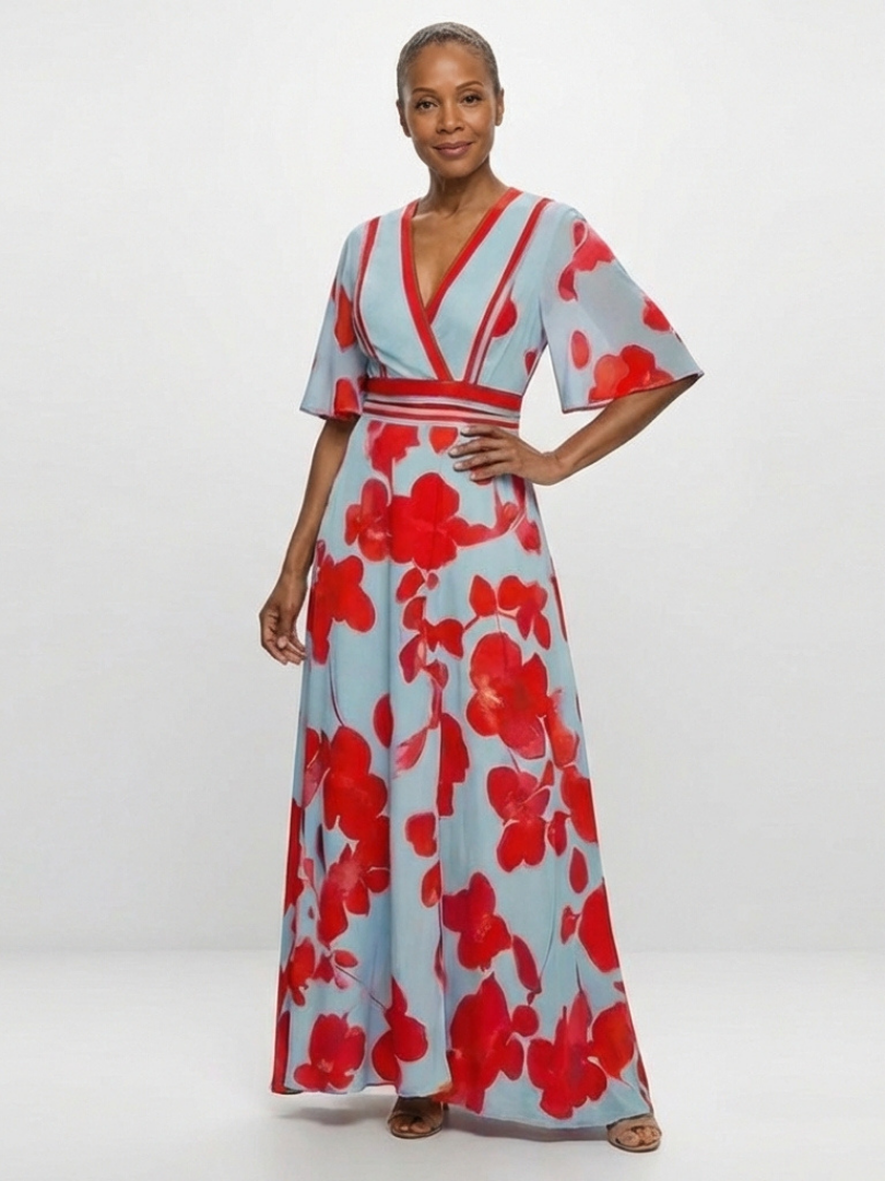 Serena™ | V Neck Short Sleeve Floral Maxi Dress