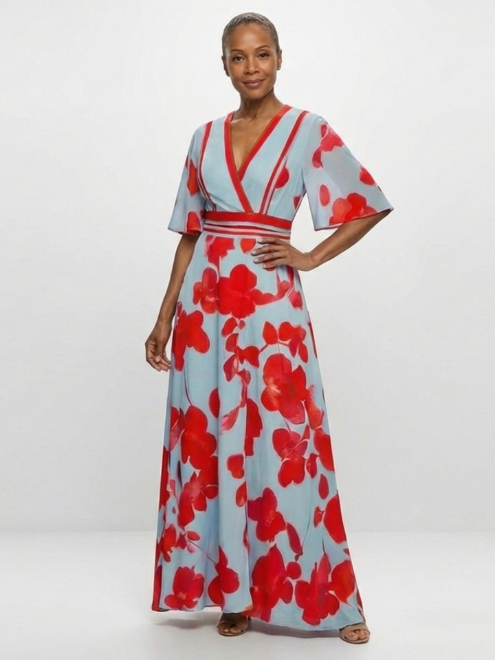 Serena™ | V Neck Short Sleeve Floral Maxi Dress