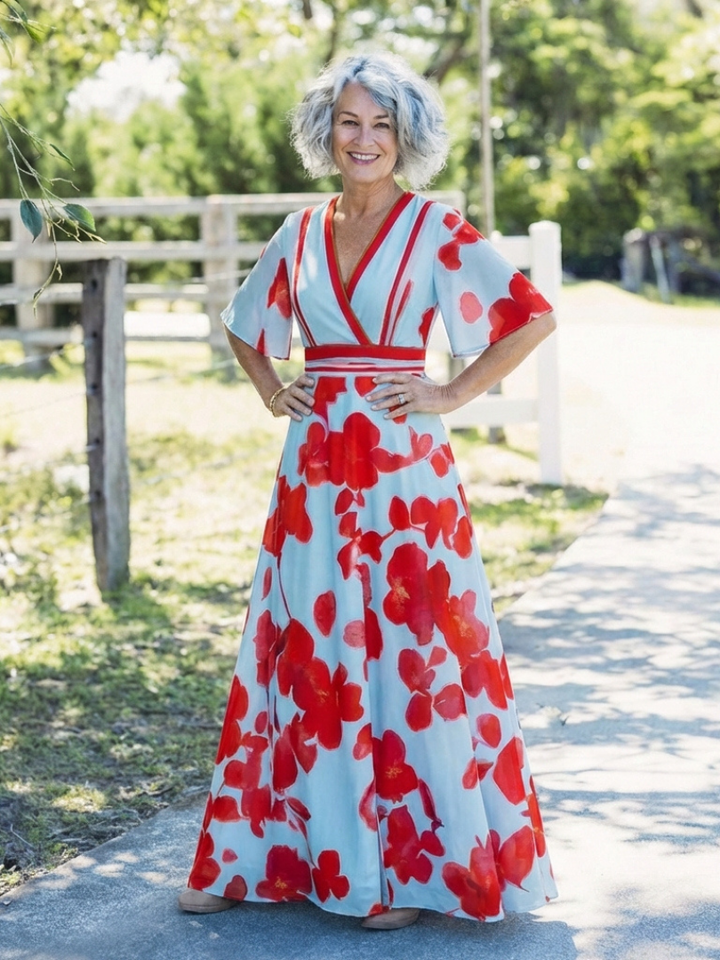 Serena™ | V Neck Short Sleeve Floral Maxi Dress