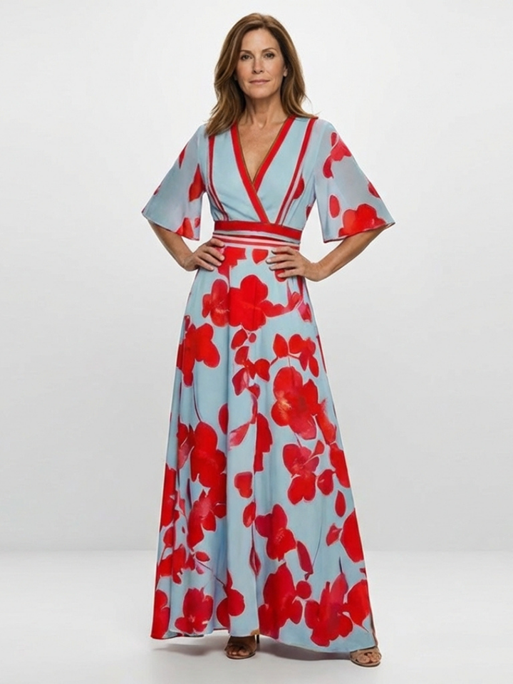 Serena™ | V Neck Short Sleeve Floral Maxi Dress