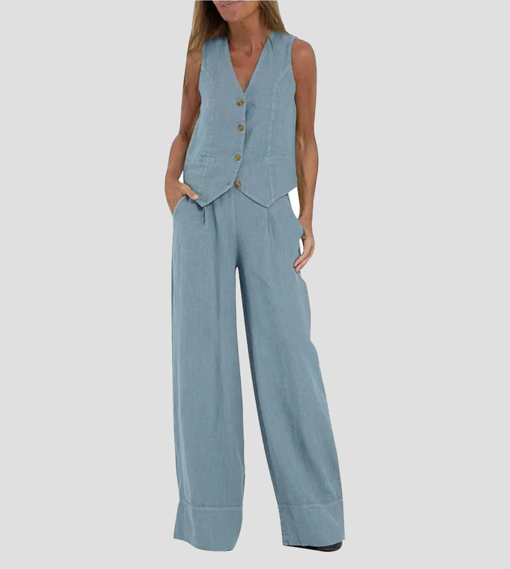 LENA | BUTTONED VEST & WIDE-LEG TROUSERS LOUNGE SET