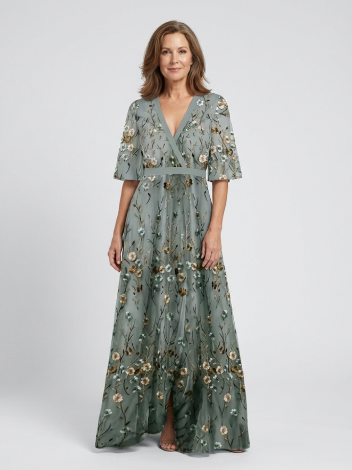 Amara™ | Floral V Neck Short Sleeve Maxi Dress