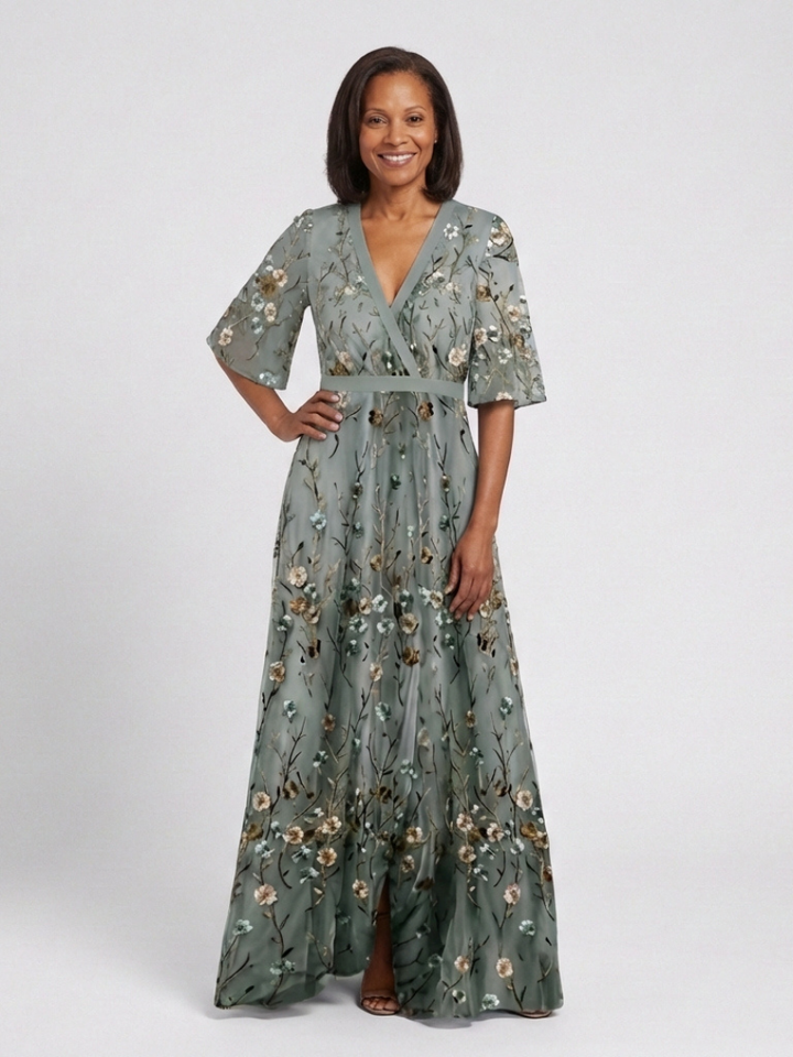 Amara™ | Floral V Neck Short Sleeve Maxi Dress
