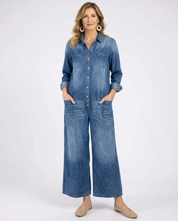 Diana | Vintage Washed Soft Cotton Denim Jumpsuit with Button Closure
