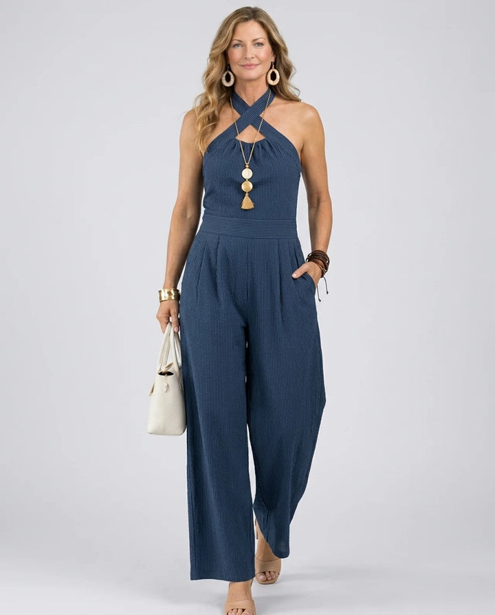 Bianca - Linen and cotton jumpsuit with elegant crossover neckline